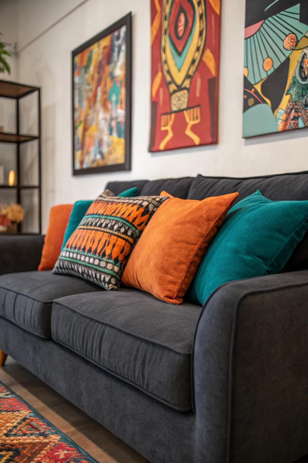 Pops of color bring life and character to a dark grey sofa setting.