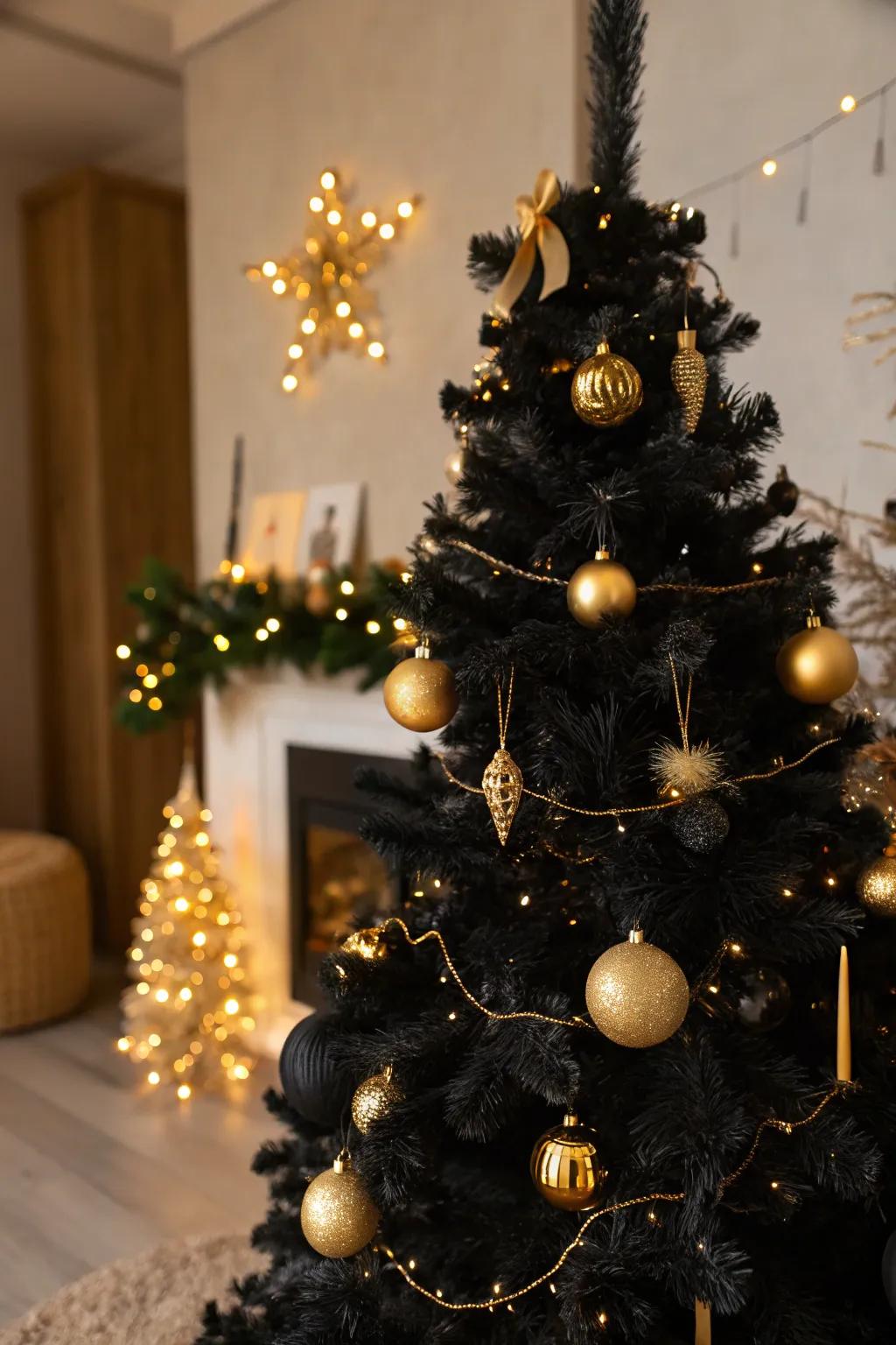 An ebony tree enhanced with golden ornaments for an opulent aesthetic.