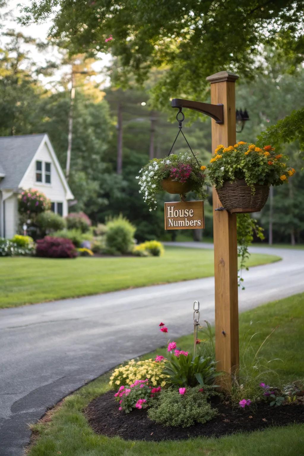 Add a pop of color with a hanging basket on your driveway marker.