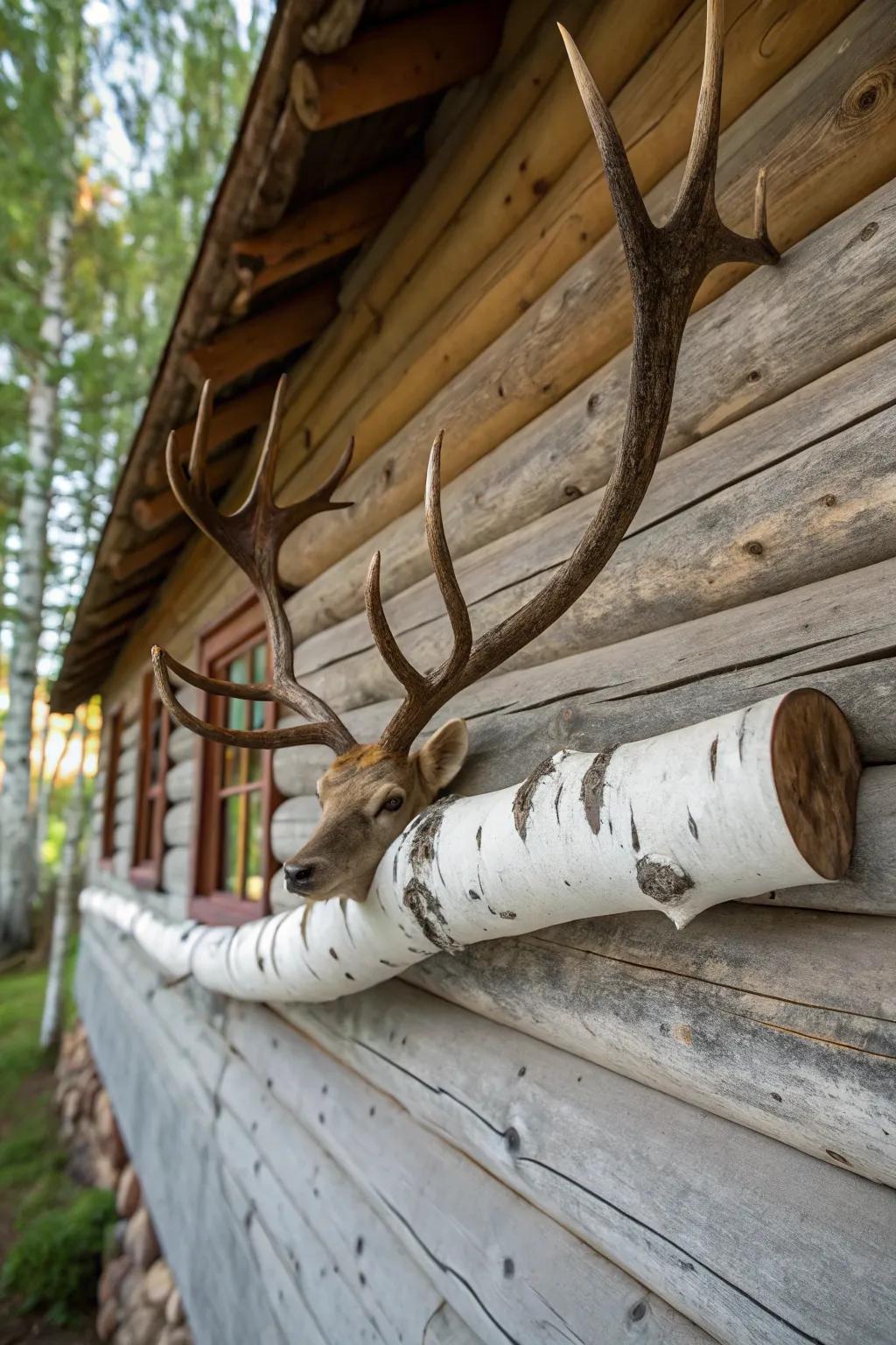 Deer antlers set against a white birch log infuse a cozy cabin wall with rustic allure.