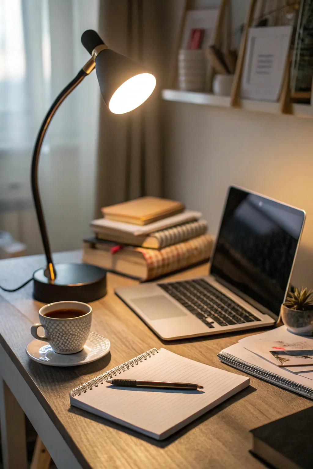 A desk lamp casting a warm glow, crafting an inviting workspace.