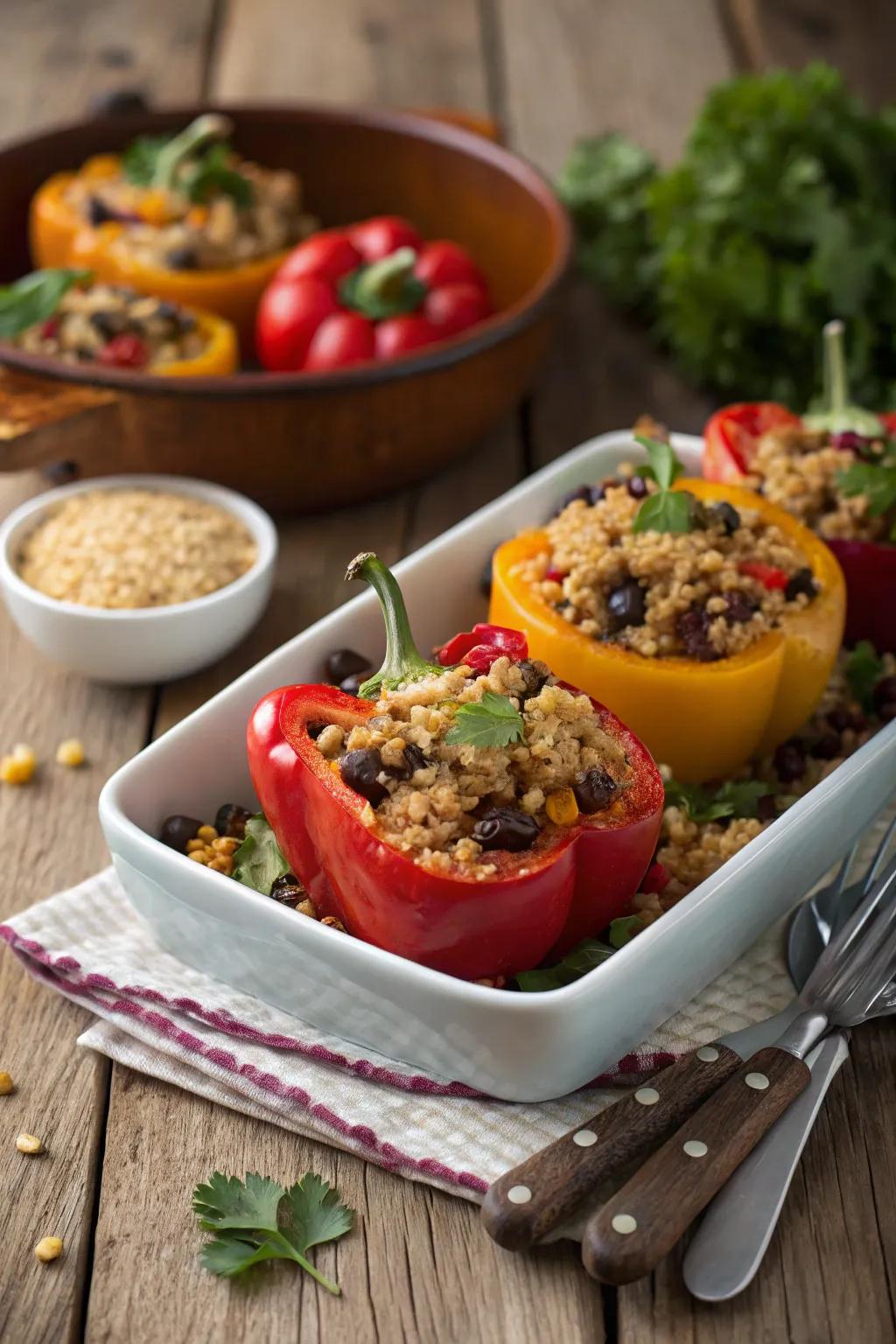 Vibrant stuffed bell peppers with quinoa and beans, a visual and flavorful delight.