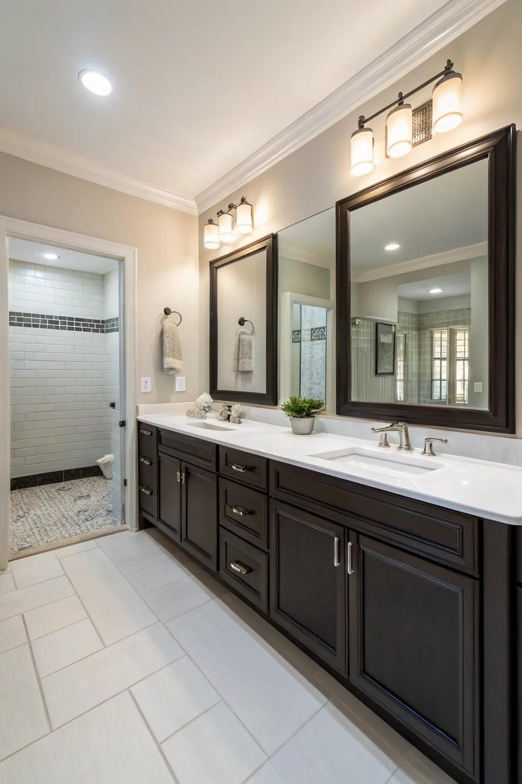 A double vanity bathroom with a soft palette and dark cabinetry.