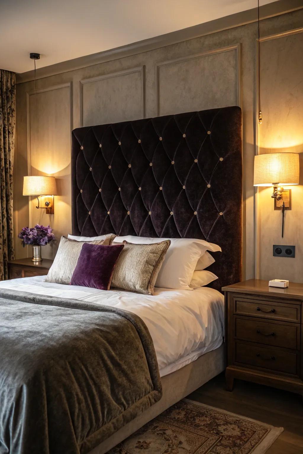 A velvet headboard enhances your bedroom, adding comfort and opulence.