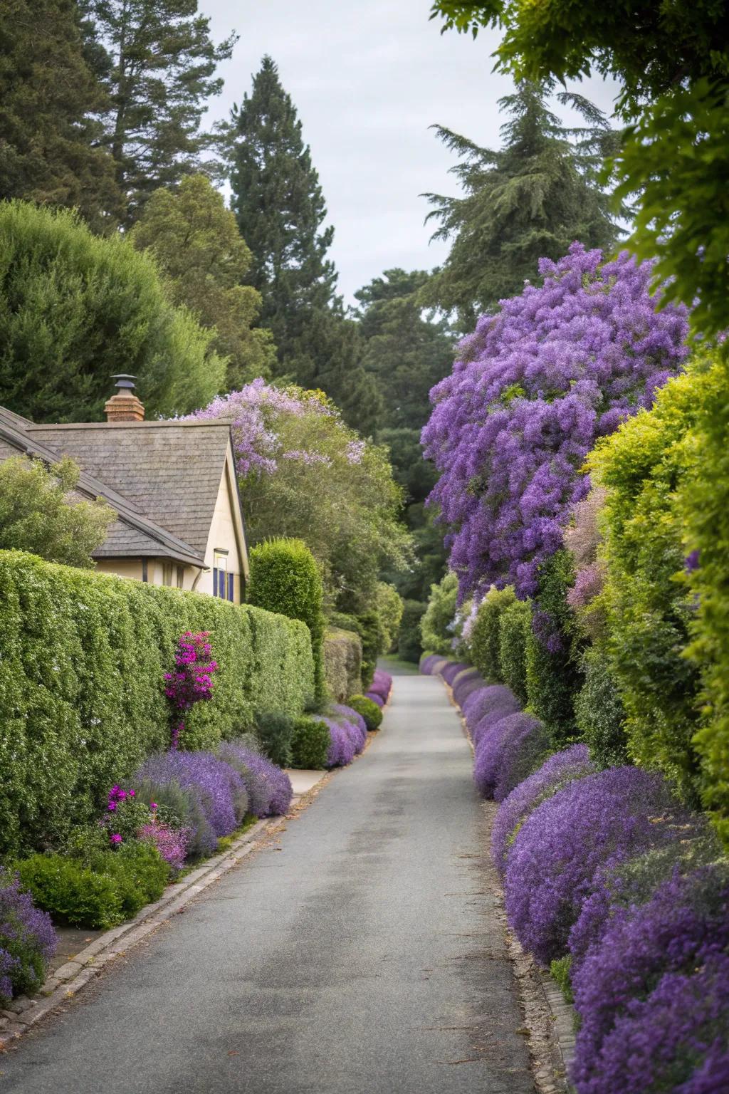 Lavender hedges tracing a driveway, imparting both allure and scent.