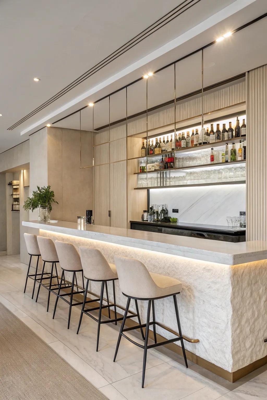 Modern minimalism infuses a serene aura into your home bar.