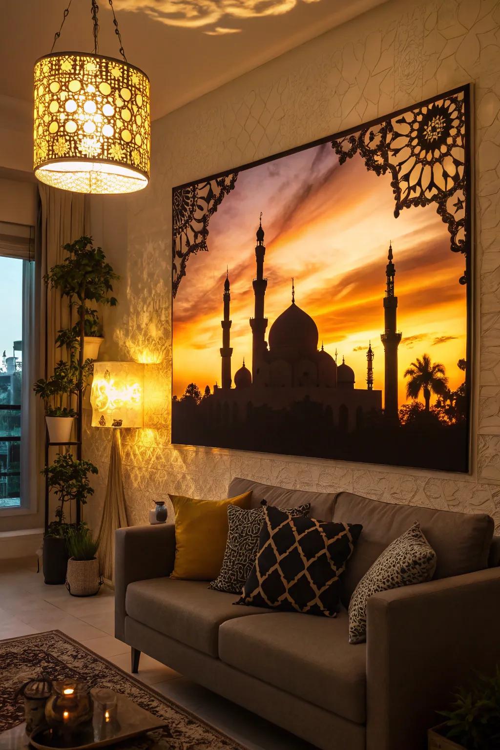A mosque outline painting flawlessly captures the essence of Islamic architectural design.