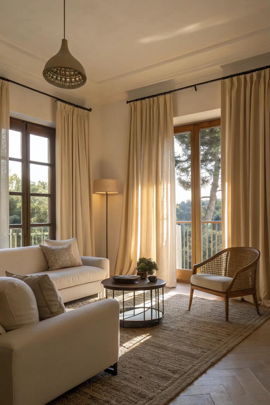 Neutral curtains serve as a serene backdrop in a minimalist setting.