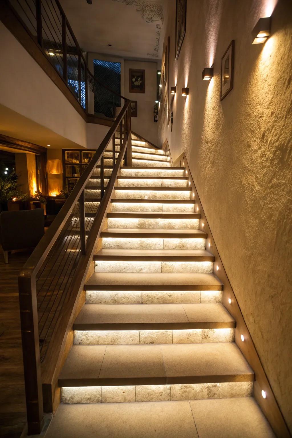 Accent lighting adds warmth and safety to stairways.