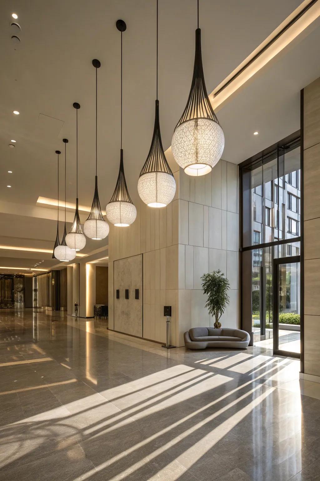 Pendant lights add a modern touch to this foyer.