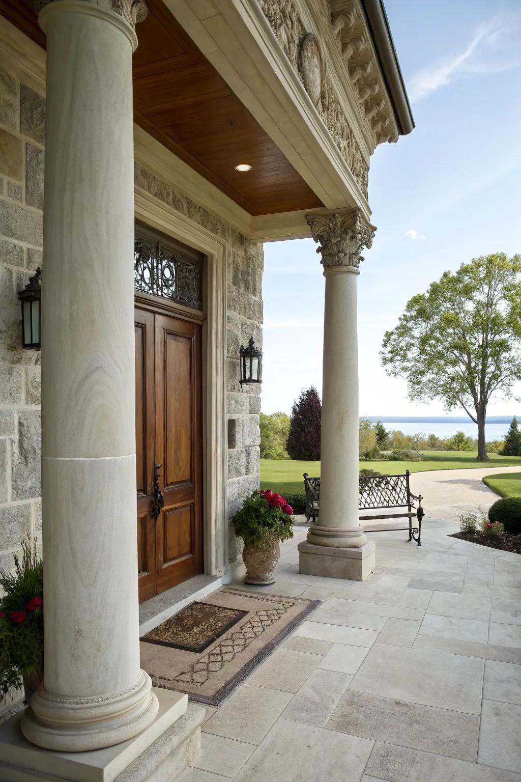 Magnificent stone pillars lending sophistication and support to an exquisitely designed front porch.