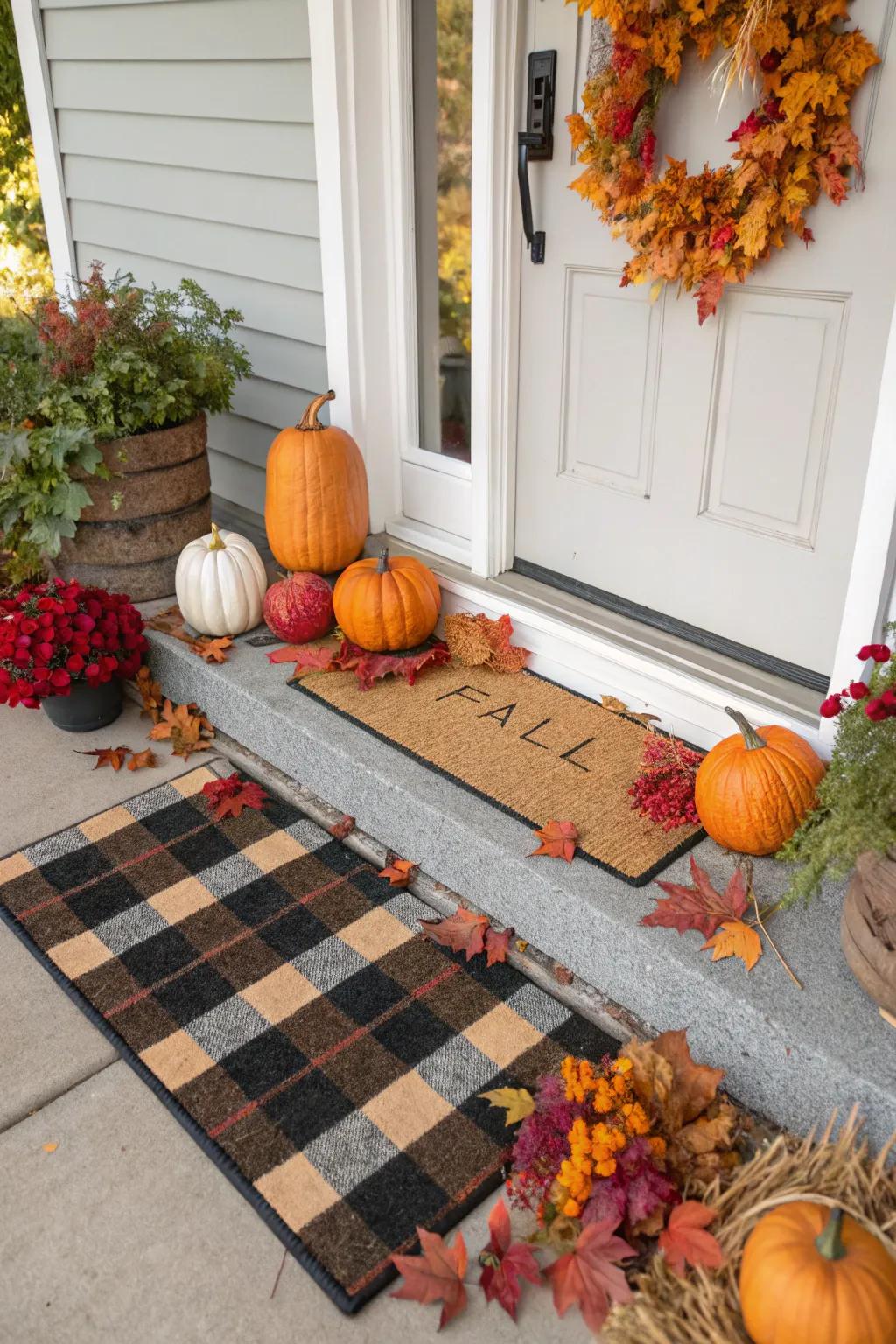 A welcoming, layered doormat configuration featuring plaid patterns.