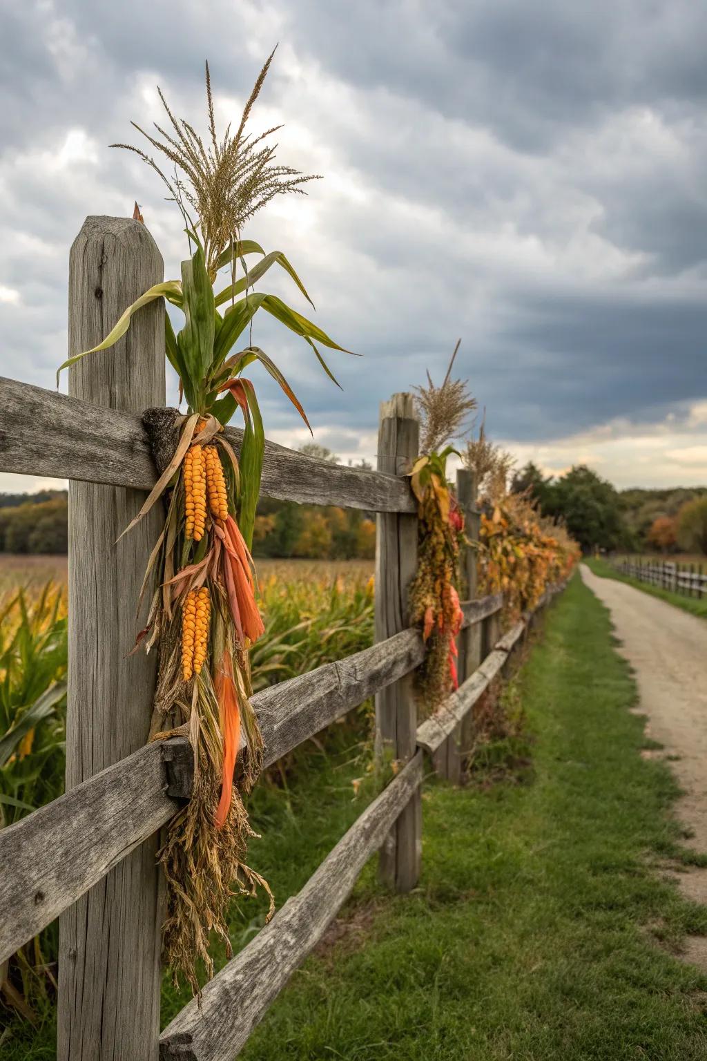 Corn stalks fastened to fence posts introduce a rustic allure to any garden.