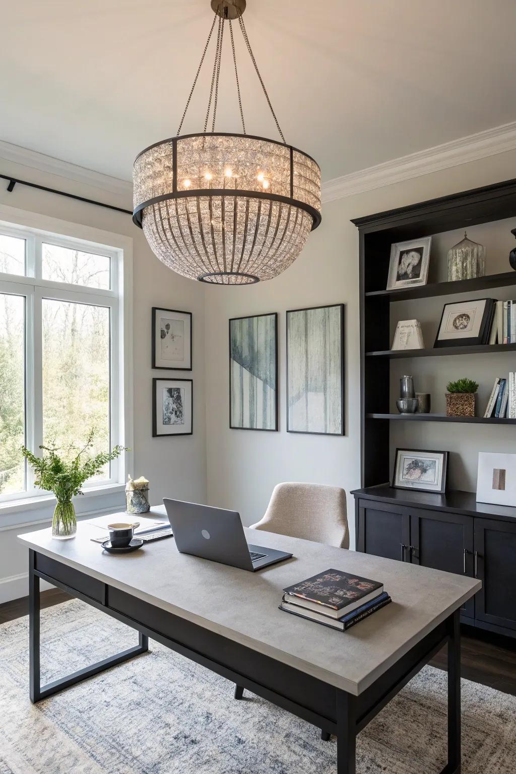 Statement lighting transforms the ambiance of an office.