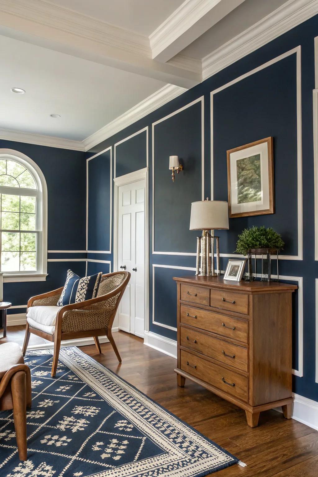 A deep navy wall adds elegance and depth to this farmhouse space.