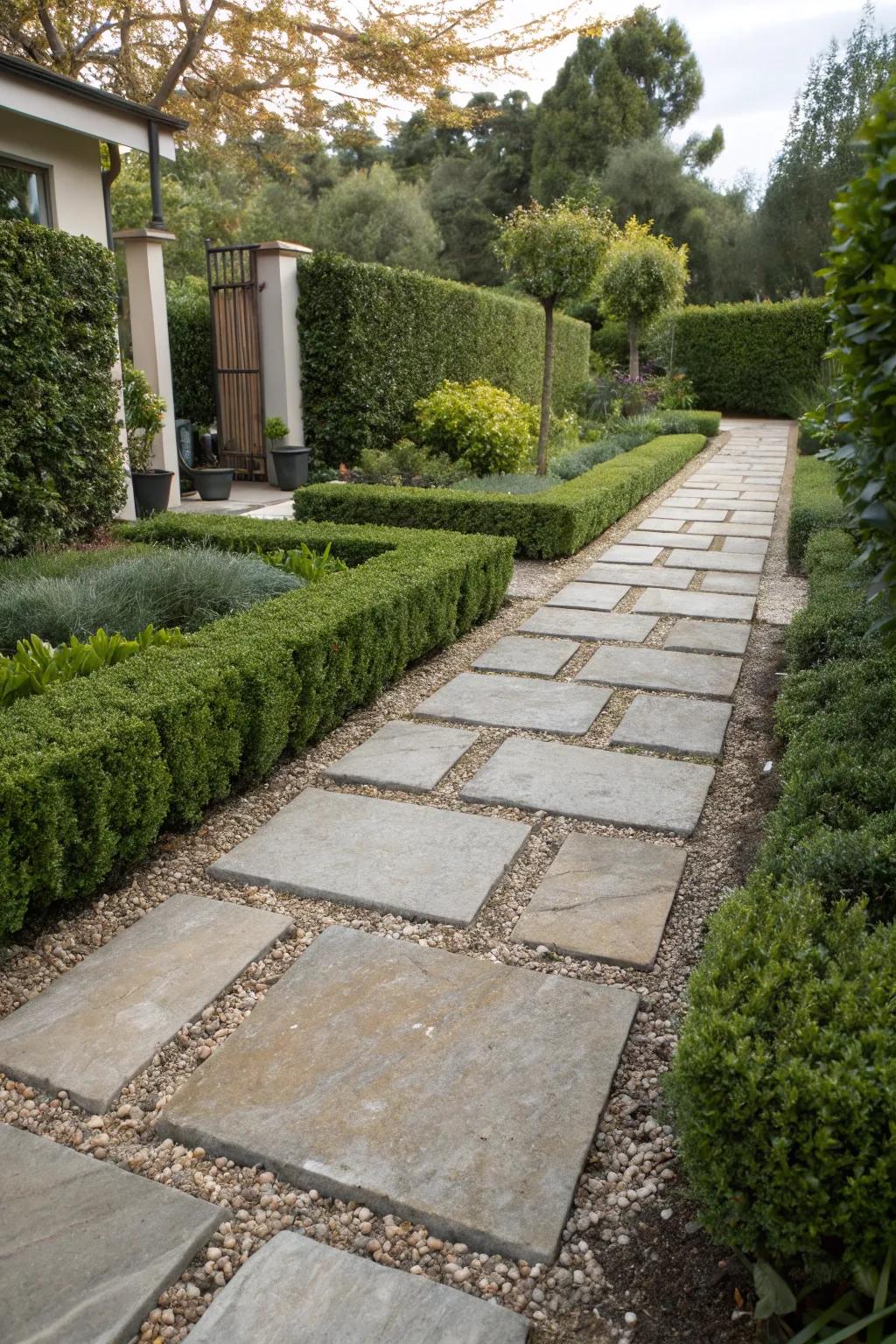 A captivating cobblestone and crushed stone arrangement for a garden walkway with rich texture.