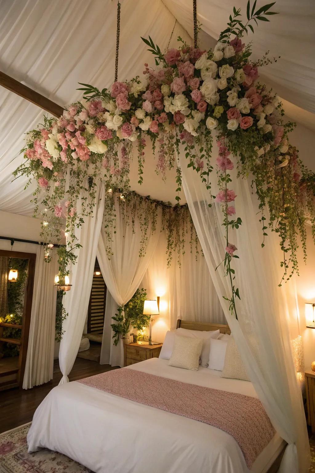 With a dangling flower canopy, bring romance into your bedroom.