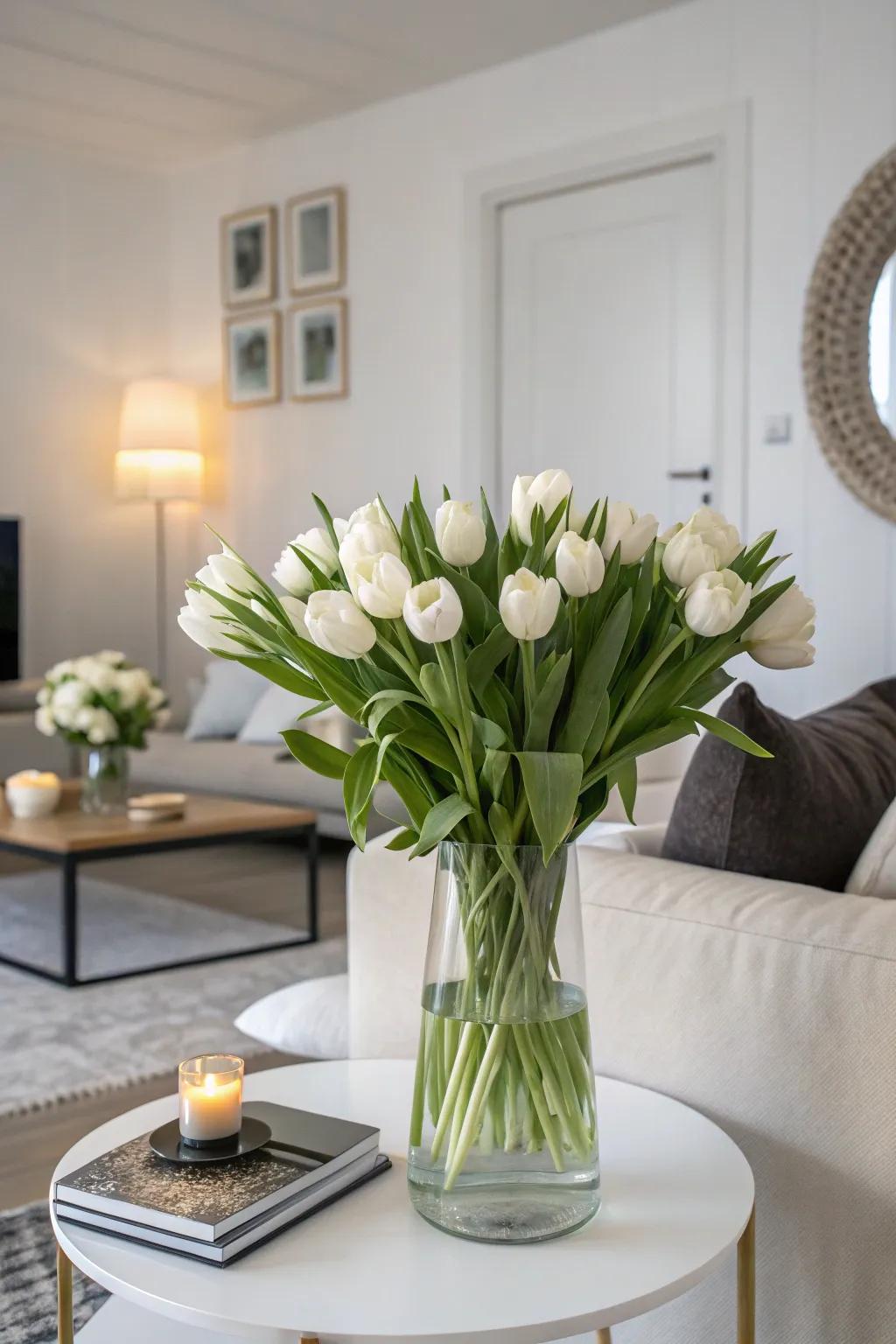 White tulips creating a serene atmosphere in a modern living room.