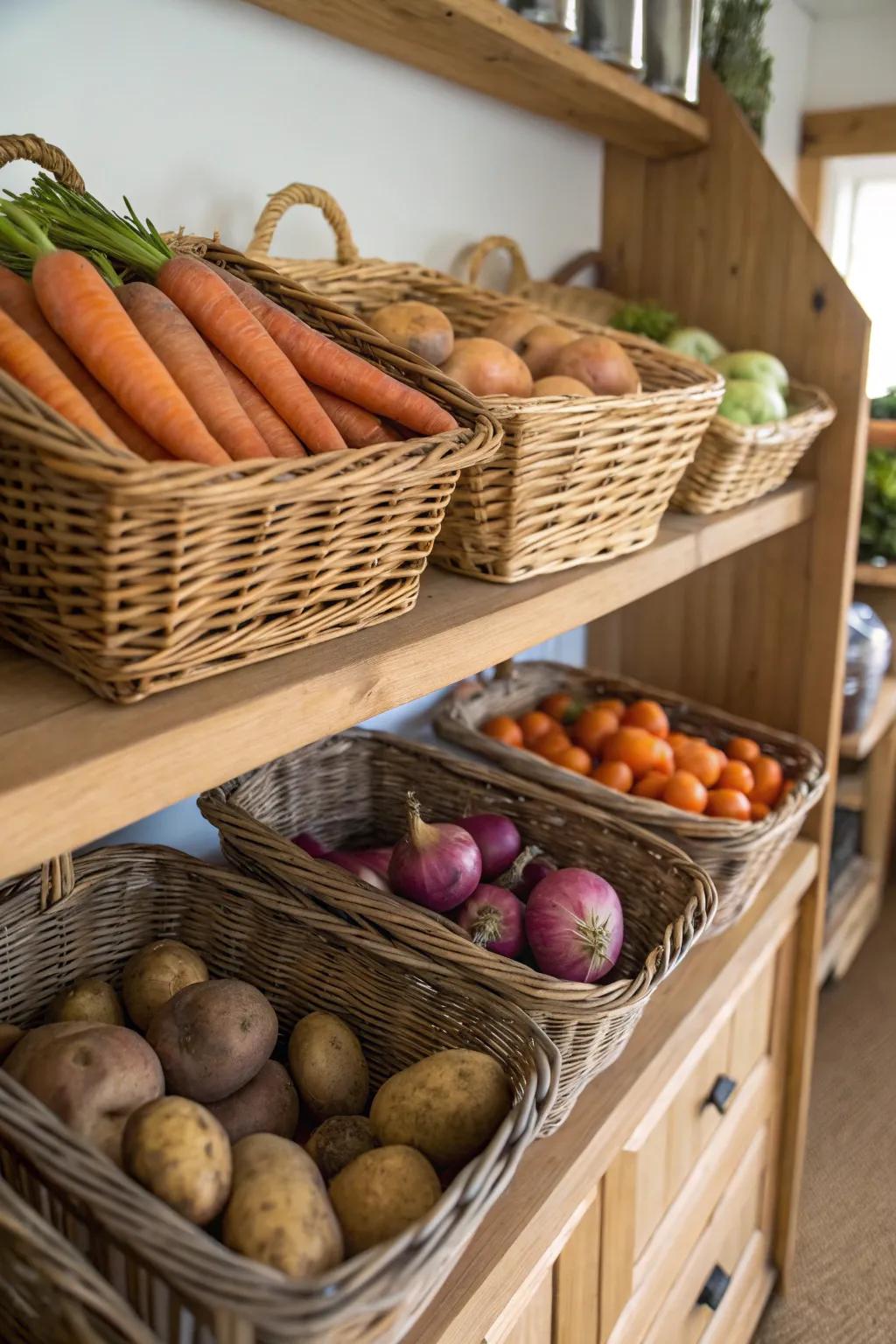 Woven baskets add warmth and functionality to kitchen storage.