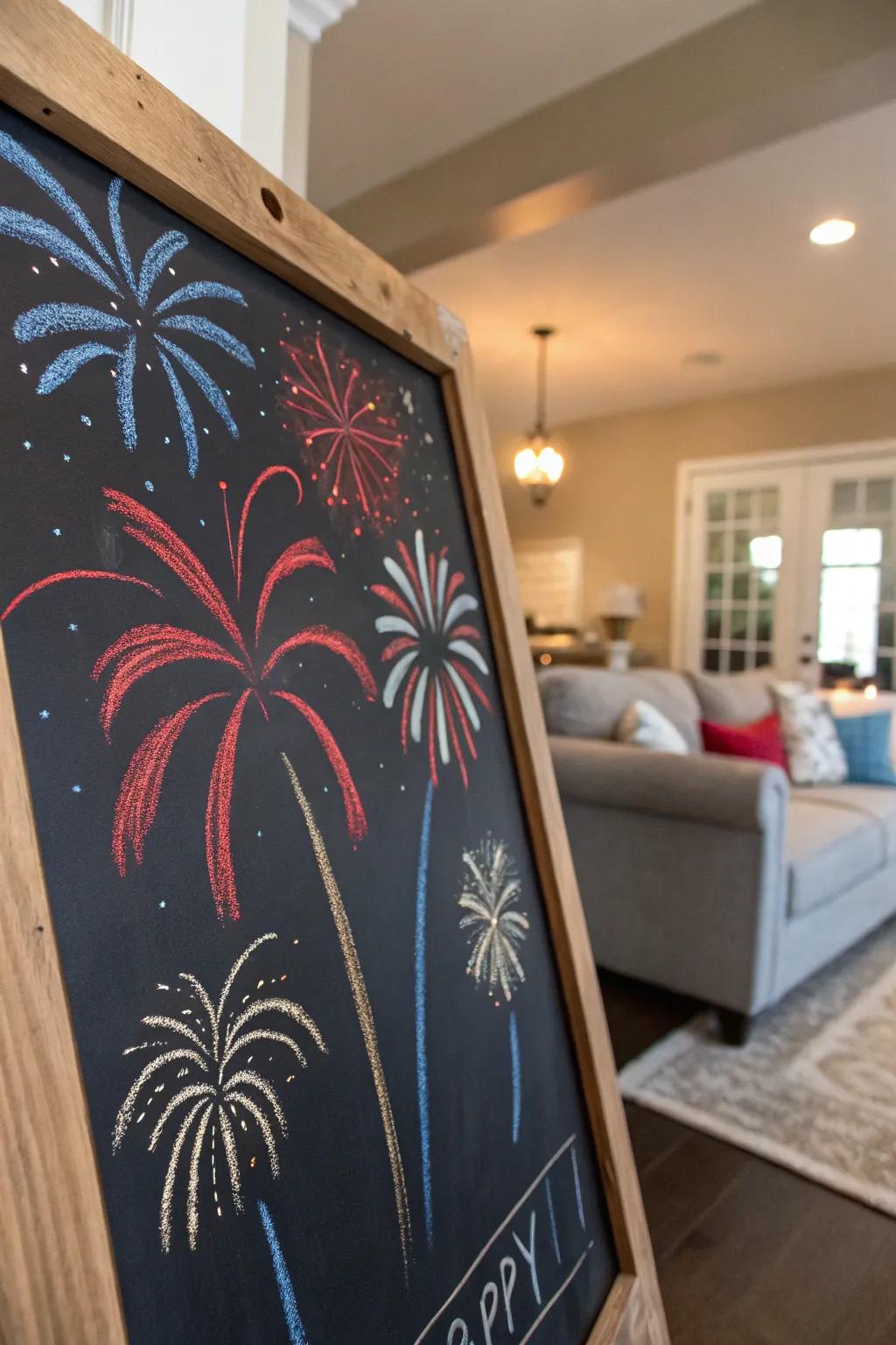 Vibrant fireworks sketched on a chalkboard for Fourth of July.