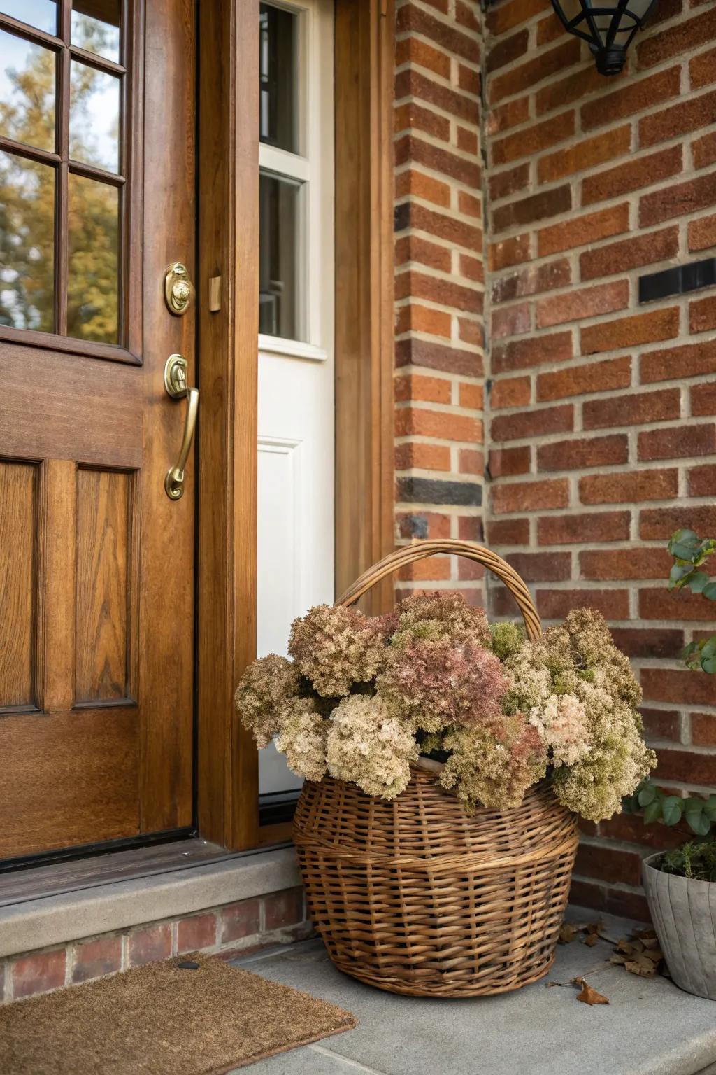 A wicker basket adds rustic elegance to your entrance.