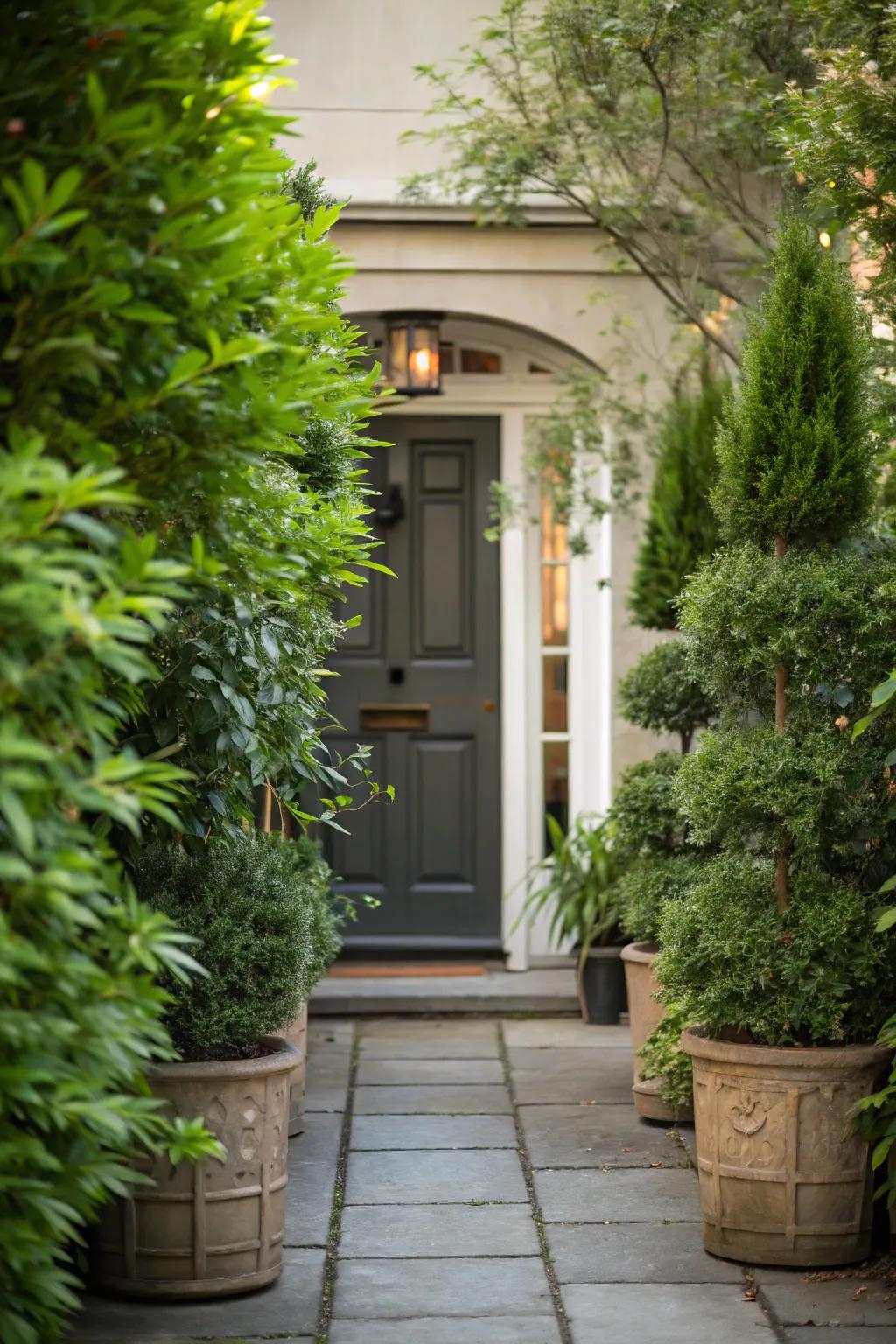 Towering potted plants deliver a verdant welcome at the entrance.