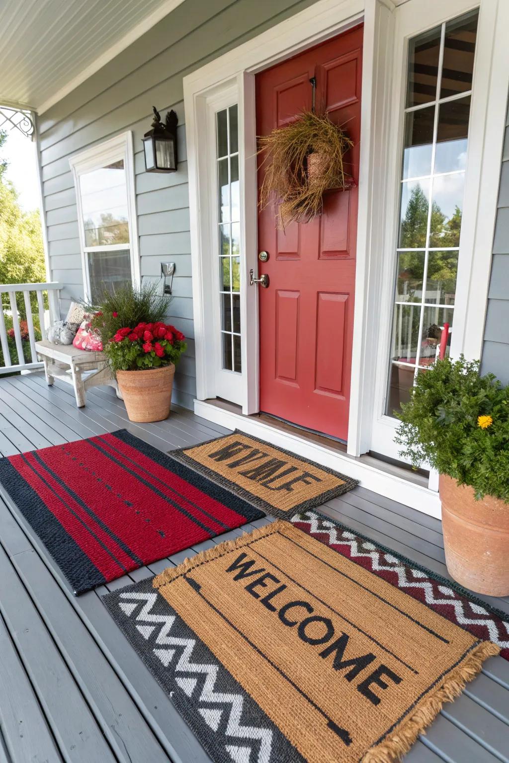 Layered rugs create warmth and texture on a front porch.