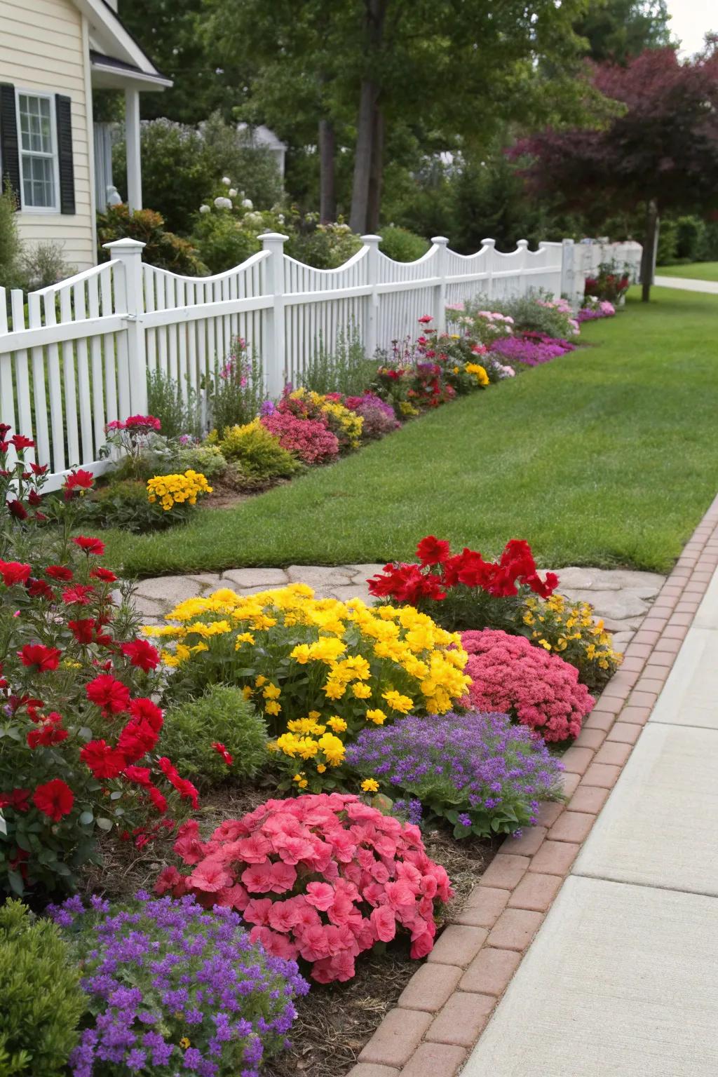 Vivid color contrasts in the flower beds create a captivating visual spectacle.