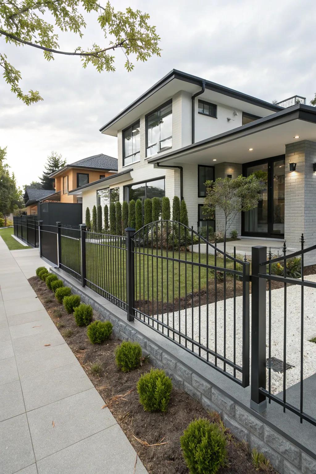 A minimalist wrought iron fence with clean lines framing a contemporary home.