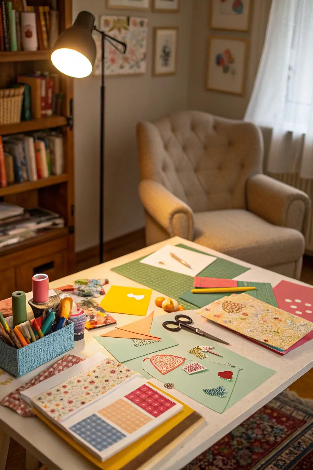 An attractive DIY craft area for creating custom Galentine's Day decorations.