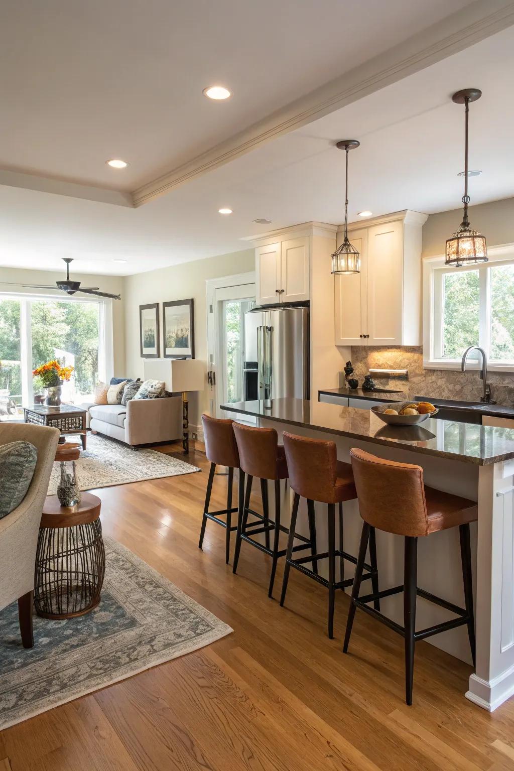 Functional furniture makes the distinction between kitchen and living areas less clear.