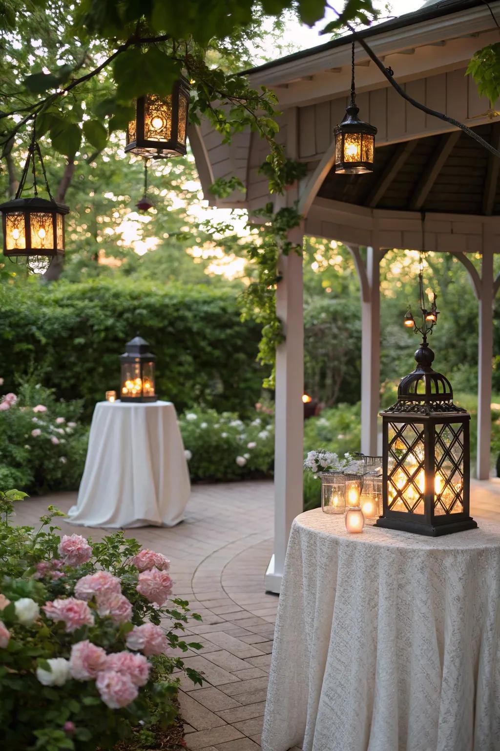 Lanterns adding a rustic charm to the gazebo.