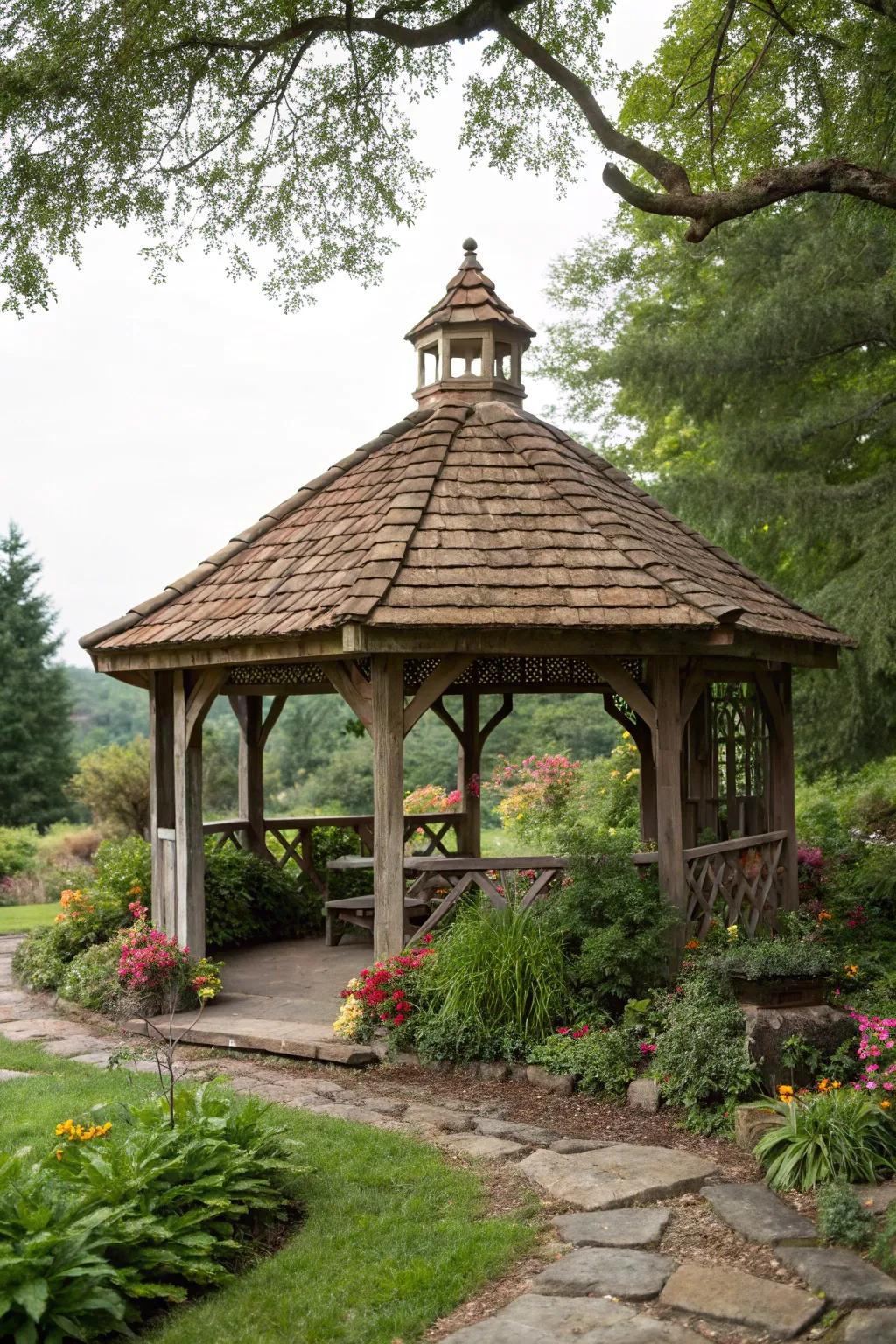 A captivating gazebo with a wood shingle roof, nestled harmoniously in nature.