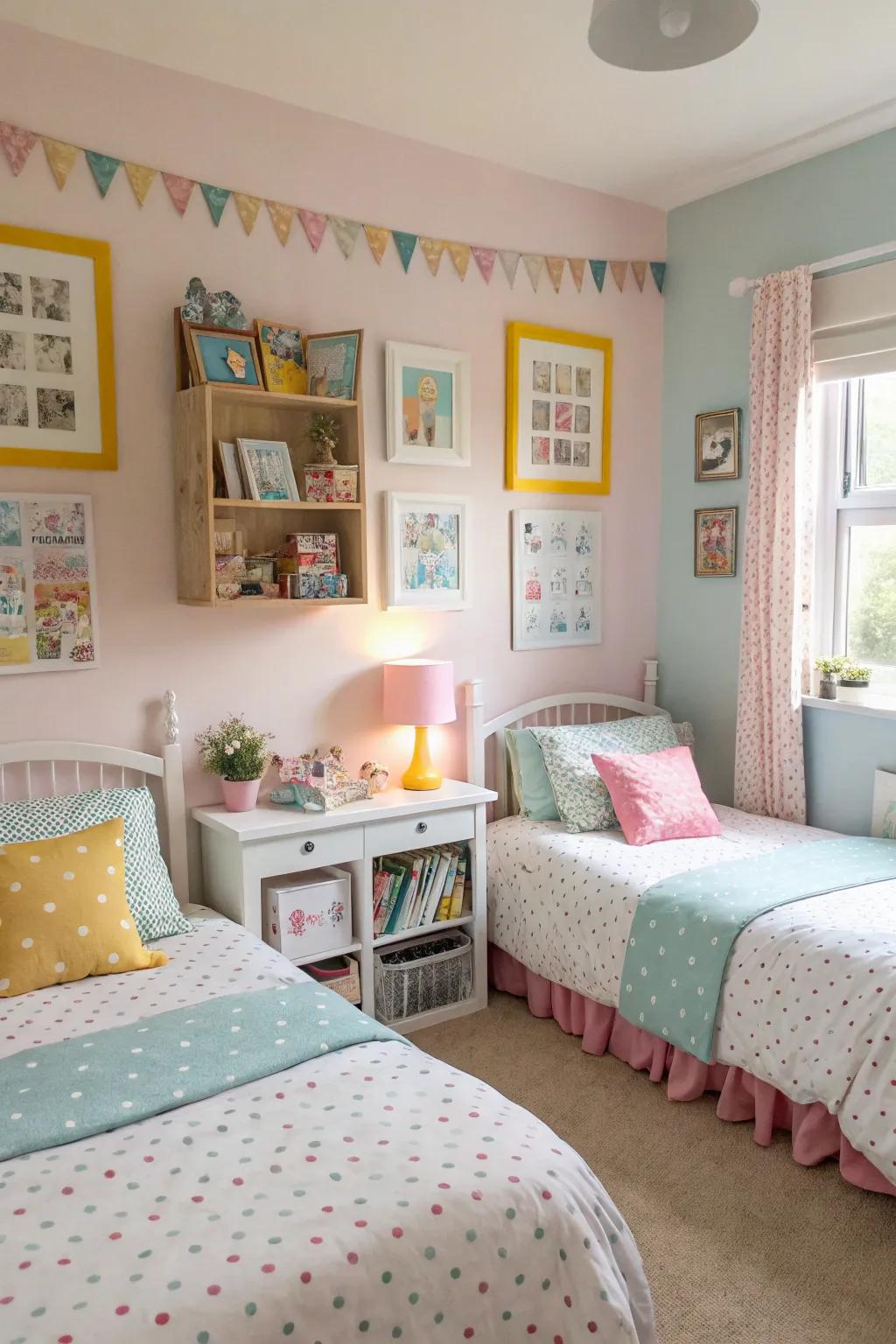 Pastel colors set a calming tone in a shared girls' bedroom, perfect for rest and play.
