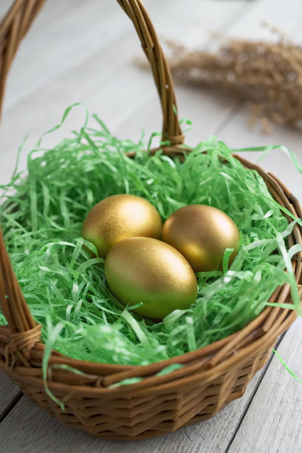 Gilded eggs sparkle brilliantly against a backdrop of lively verdant shredded paper.