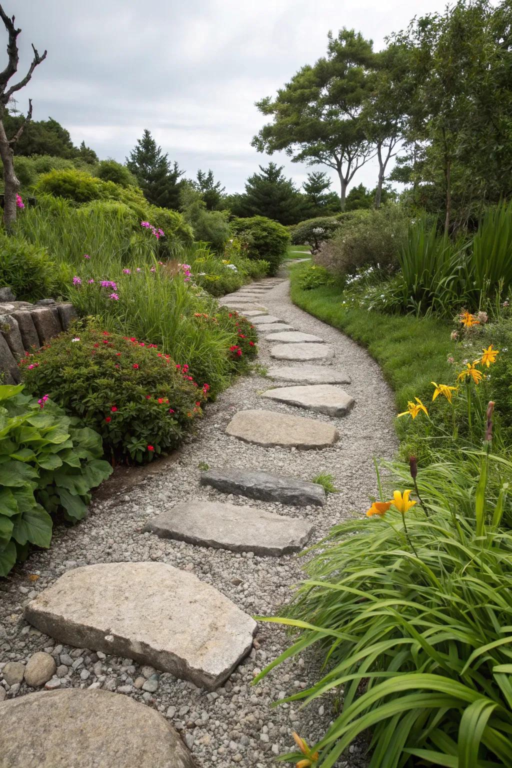 Stepping stones add elegance and utility to a gravel path.