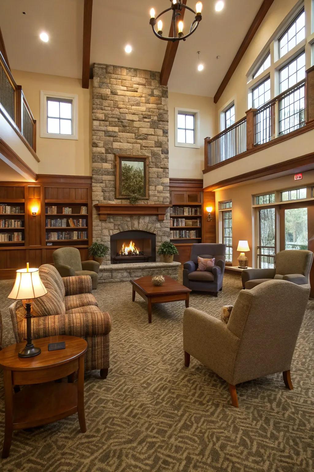A fireplace, serving as the core of the great room.
