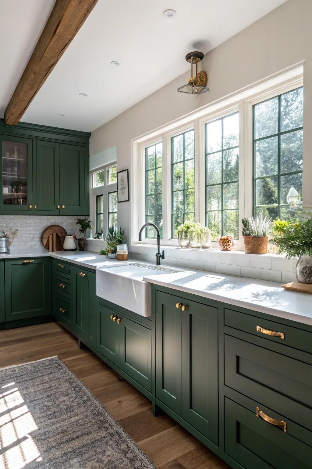 Striking evergreen cabinets making a bold statement in a sunlit kitchen.