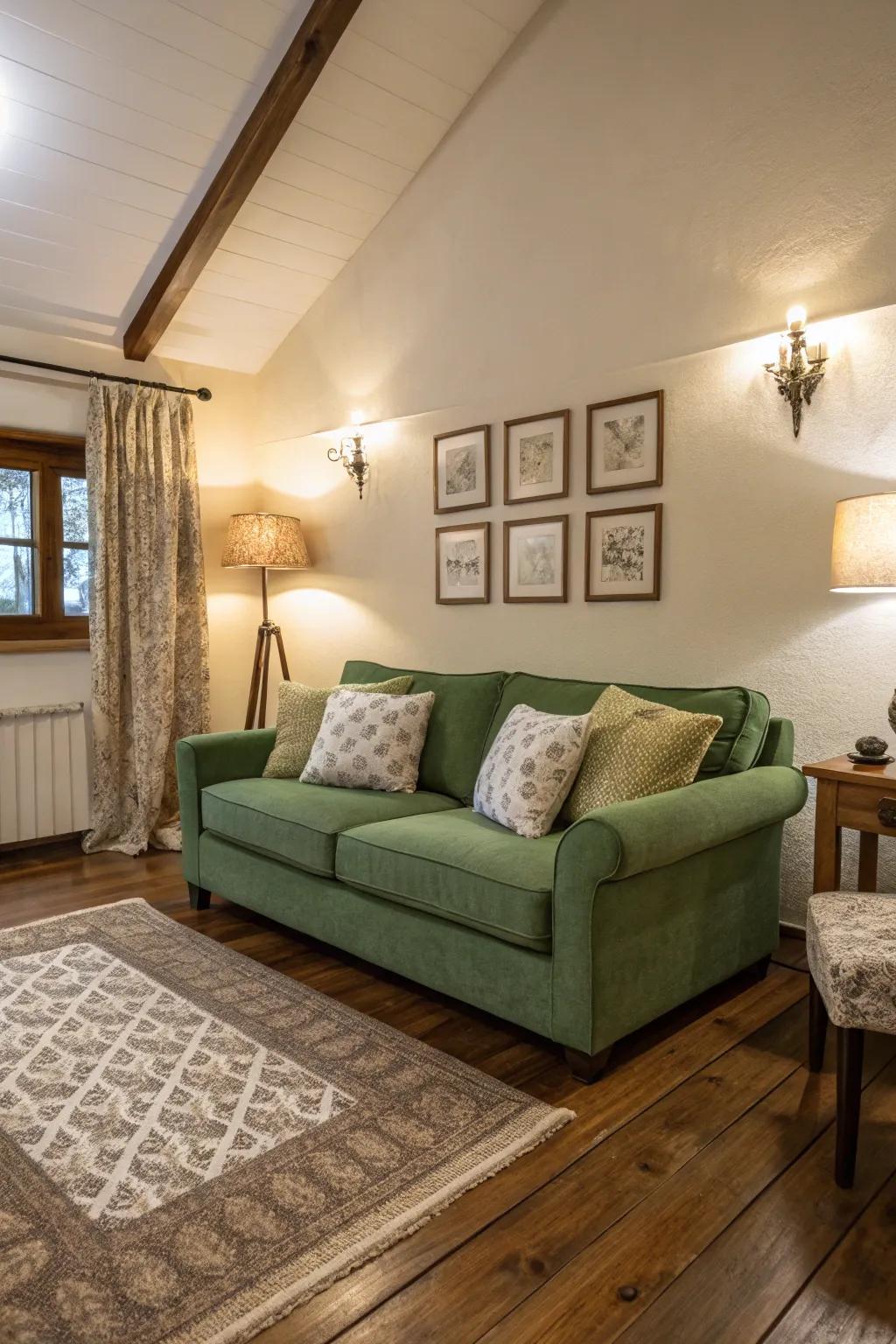 A lively green settee contrasts beautifully with subdued hues.