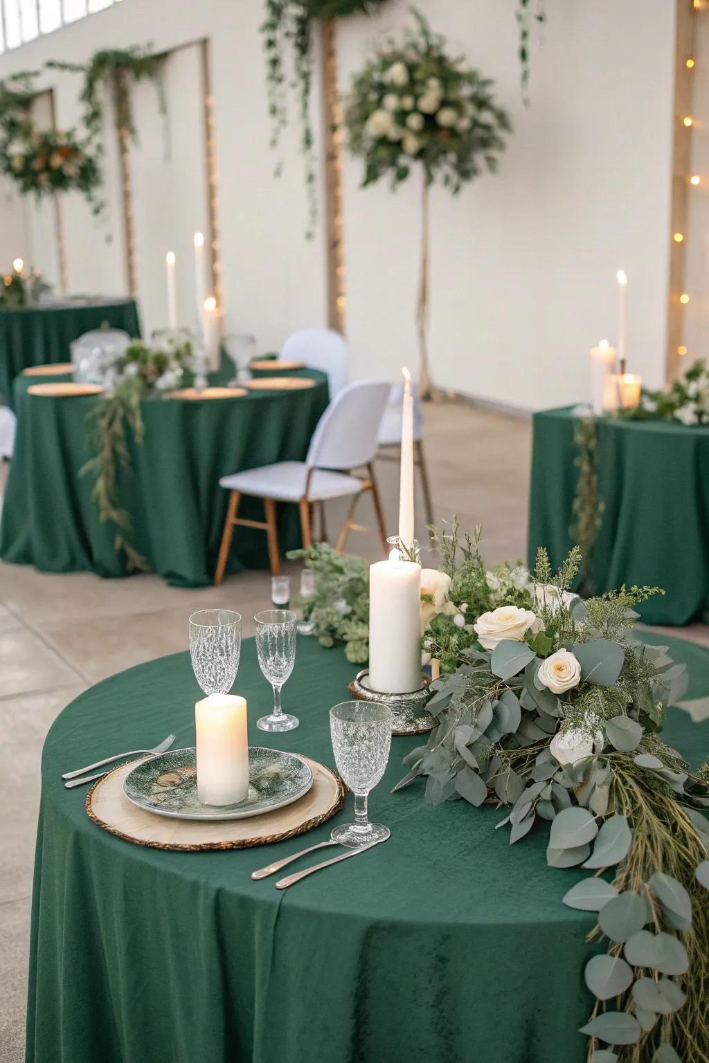 Sophisticated table settings featuring green accents and lush greenery.