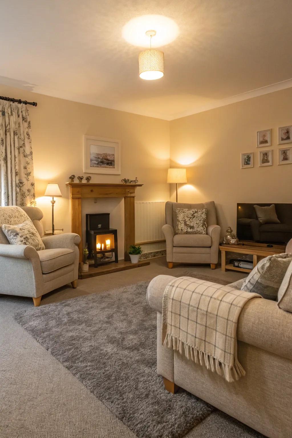 Cream walls infuse warmth into any area with gray carpets.