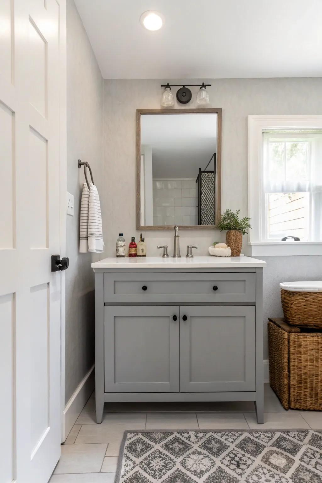 Modern minimalism shines with a sleek grey vanity as its centerpiece.