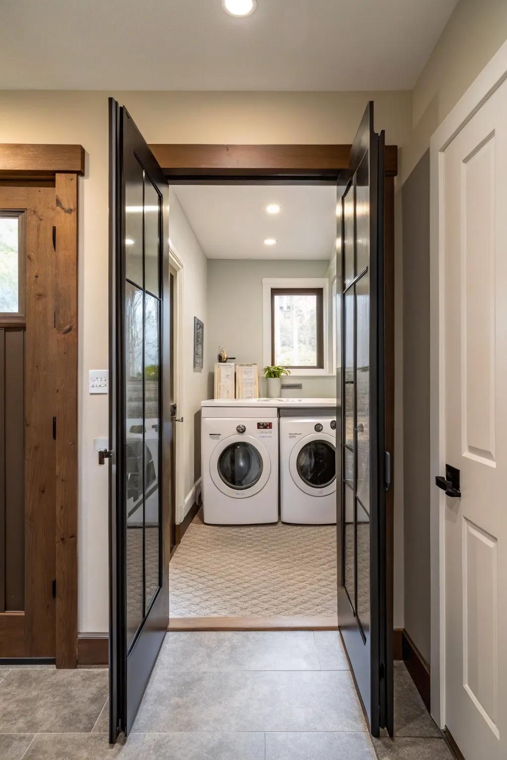 Folding doors provide a space-efficient choice for hallway laundry rooms.
