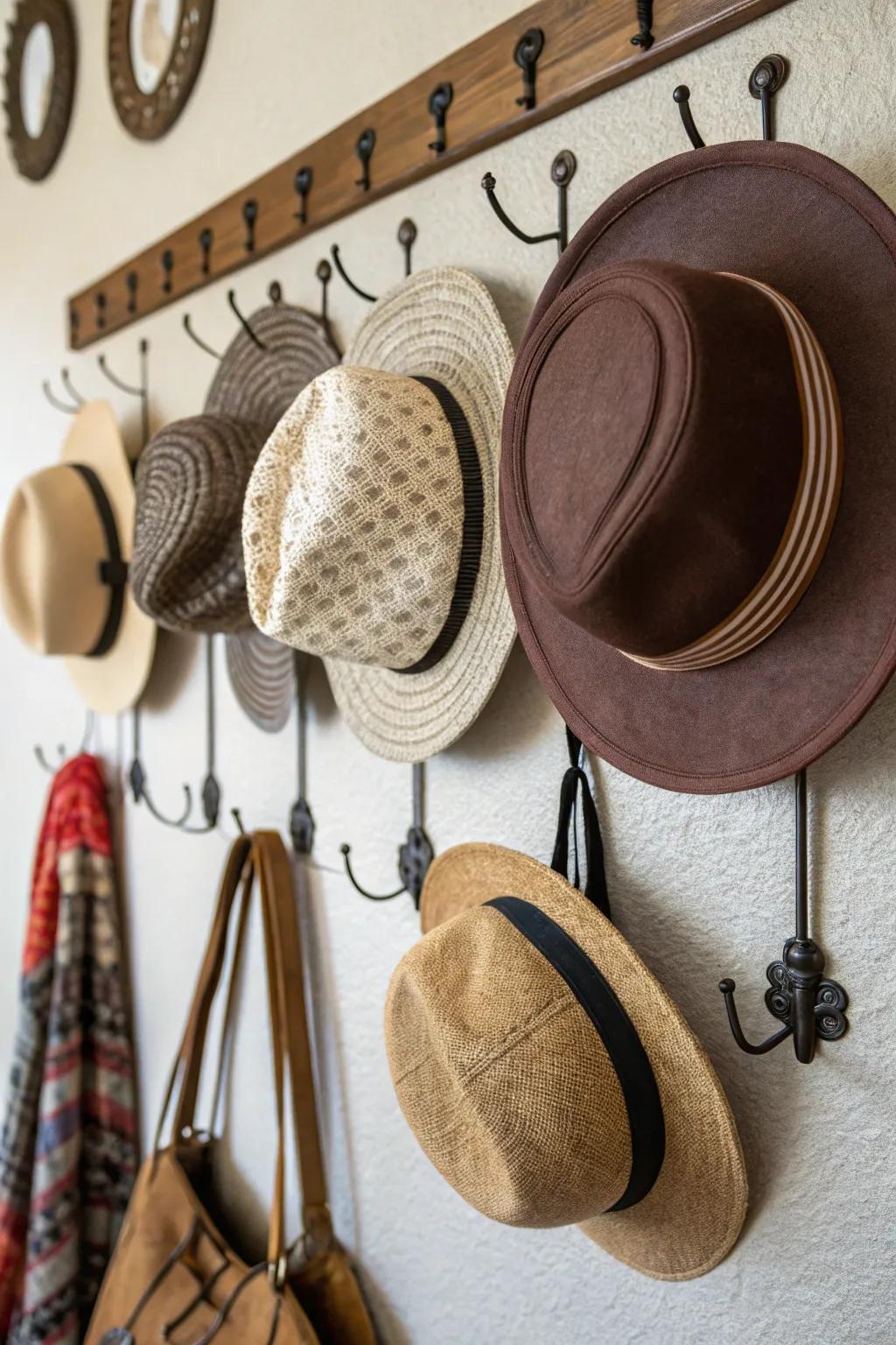 Transform your hats into wall-mounted art through the use of decorative hooks and hangers.