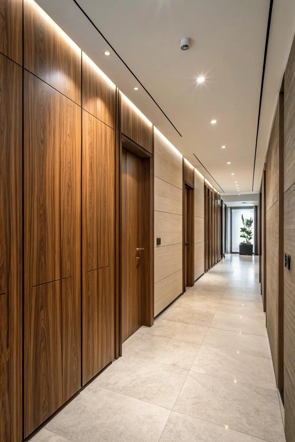 A contemporary hallway showcasing a secret door flawlessly incorporated into wooden wall panels.