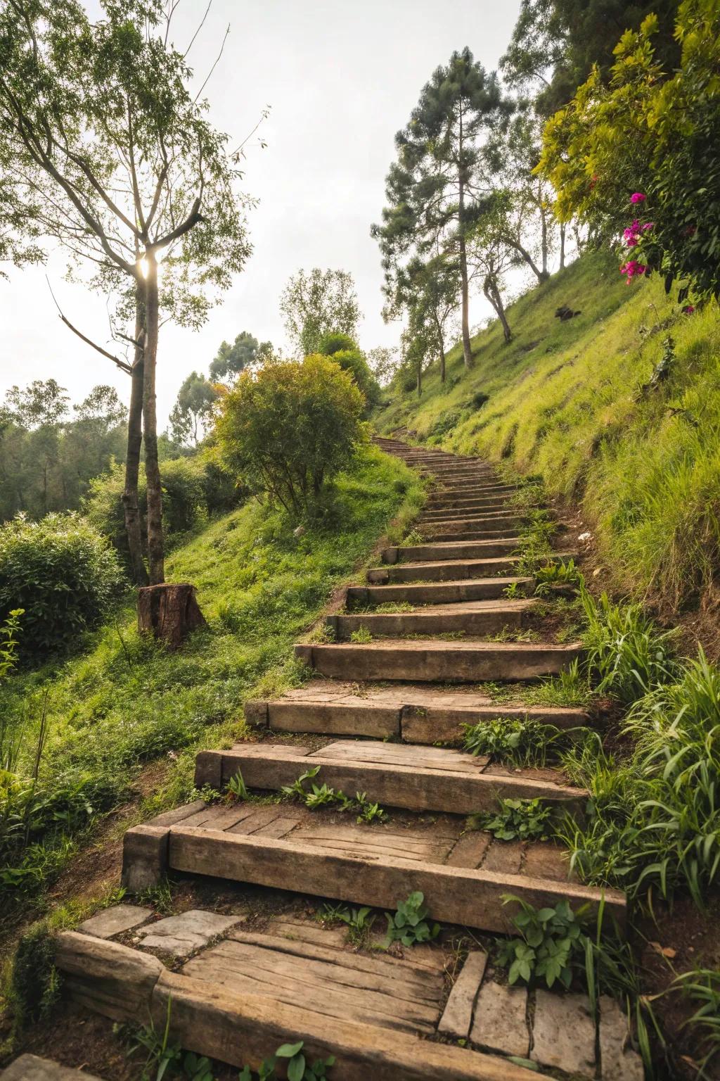 Reclaimed wood steps infuse a rustic charm into any garden slope.