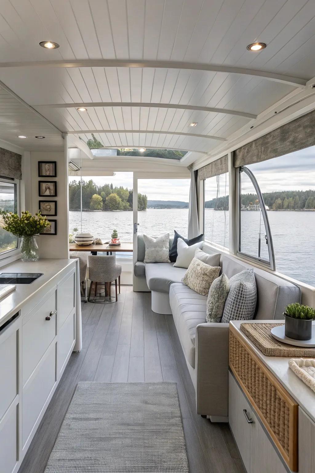A peaceful neutral palette brings calm to this houseboat's interior.