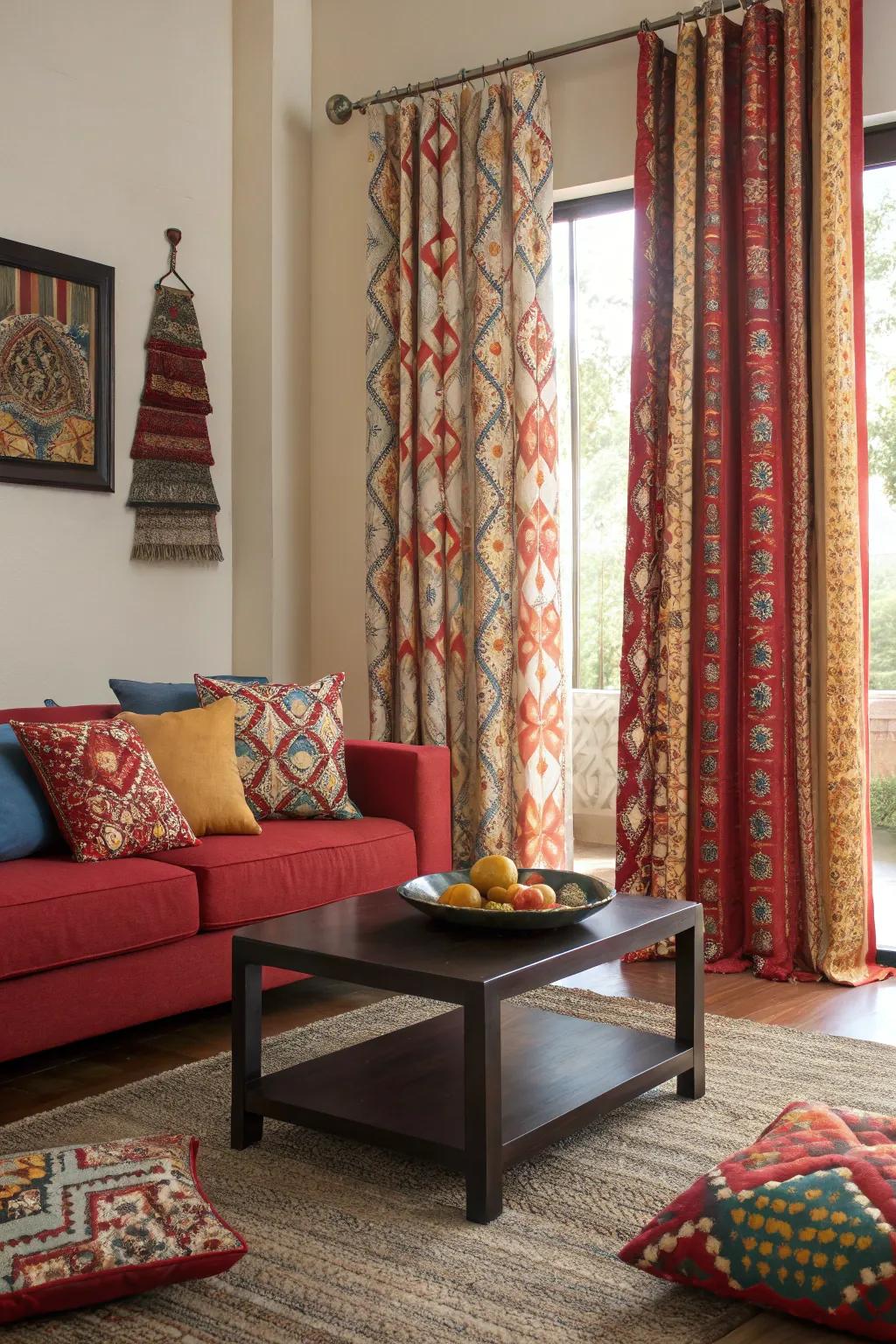 Patterned window dressings: a vibrant focal point in your lounge.