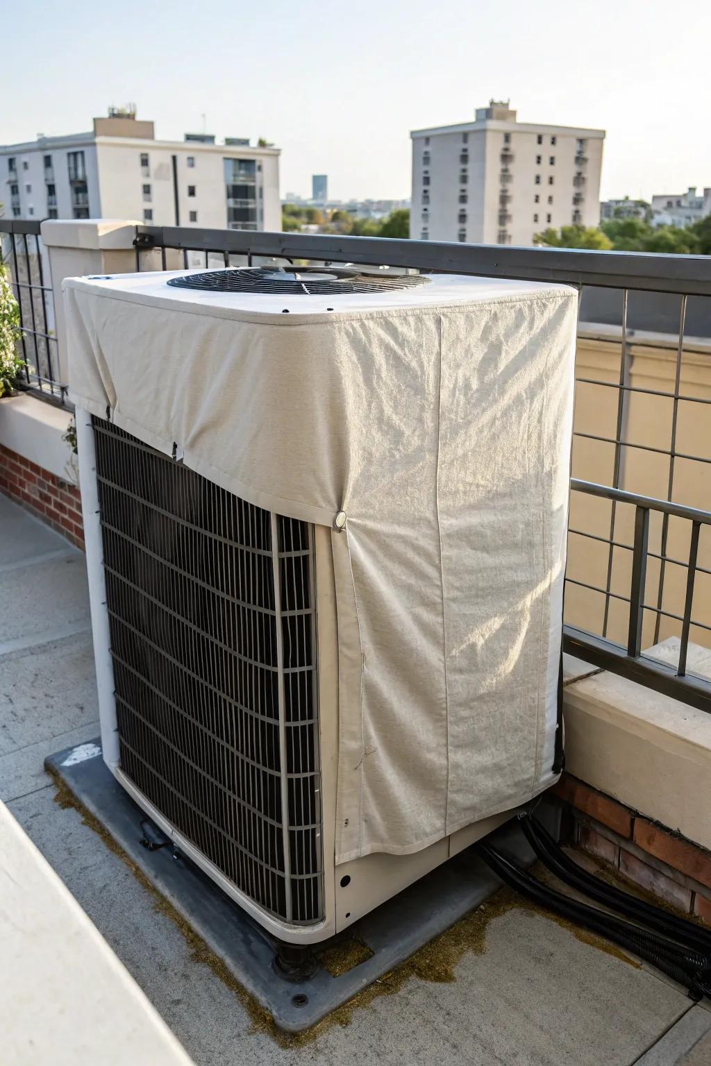 A fitted shade cloth offers stylish sun protection for an AC unit.