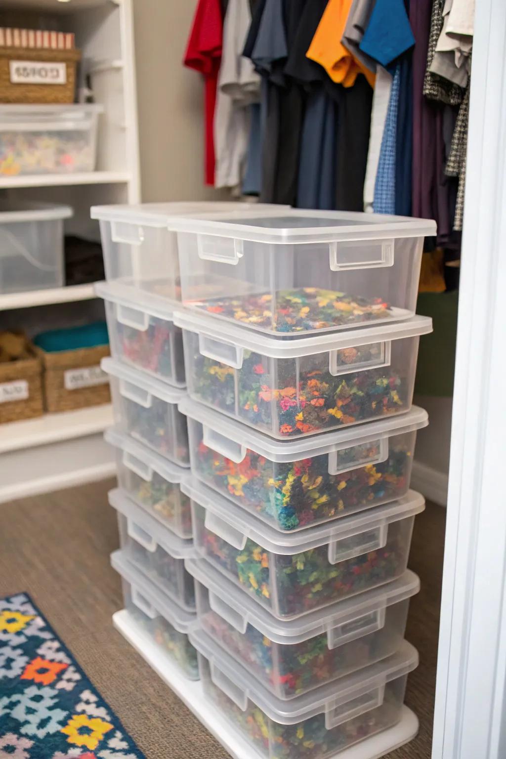 Transparent bins showcasing their puzzle contents.